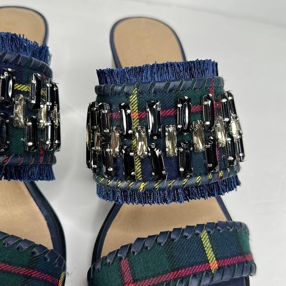 Jack Rogers Beatrix Bejeweled Plaid Block Heel Sandal Navy Green Size 9 New - Picture 5 of 14